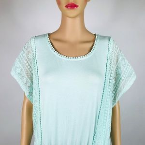 Womens Mystic Aqua Lace-Panel Peplum Top K#27